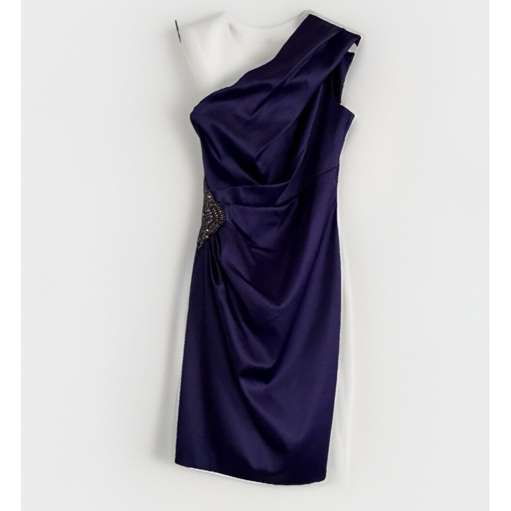 Eliza J Stretch Satin One Shoulder Cocktail Formal Dress Purple Sz 2 Embellish - Picture 8 of 16